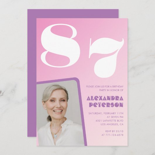 Rosa Lila Gradient Foto 87. Geburtstag Einladung (Vorne/Hinten)