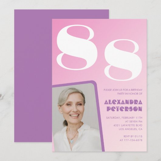 Rosa Lila Gradient Foto 88. Geburtstag Einladung (Vorne/Hinten)