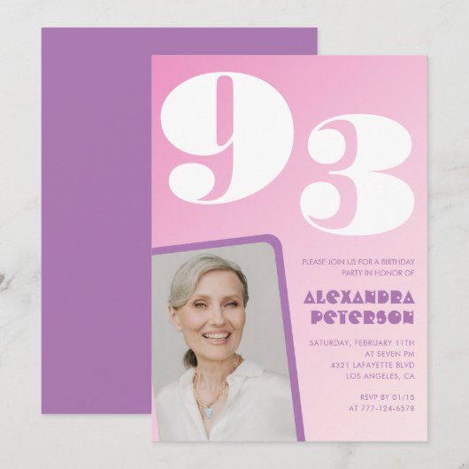 Rosa Lila Gradient Foto 93. Geburtstag Einladung (Vorne/Hinten)