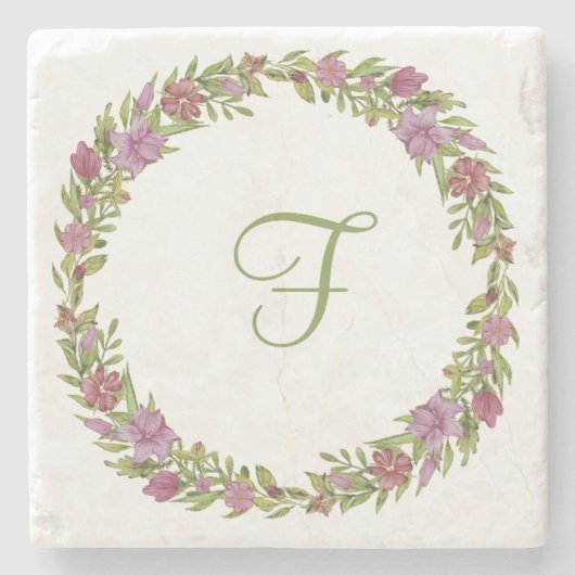 Rosa Lila Grün Florales Monogramm Anfangsbuchstabe Steinuntersetzer (Vorderseite)