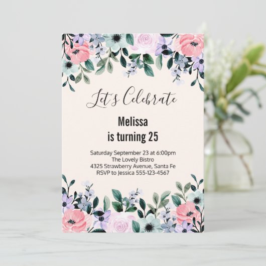 Rosa Lila grüne Aquarellfarbe Blumengeburt Einladung (Stehend Vorderseite)
