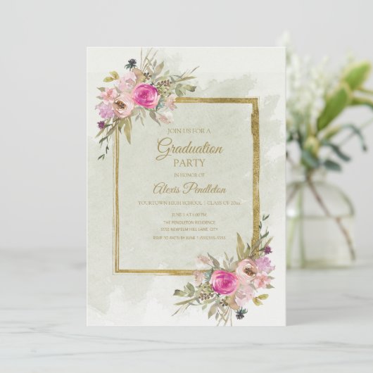 Rosa Lila grüne Blätter Goldene Graduierungspartei Einladung (Stehend Vorderseite)