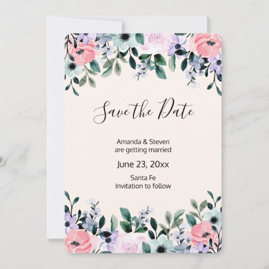 Rosa, Lila grüne Farbe, Blumenrinde Save The Date (Vorderseite)