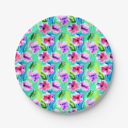 Rosa, Lila, grüne und blaue Blume Pappteller (Vorderseite)