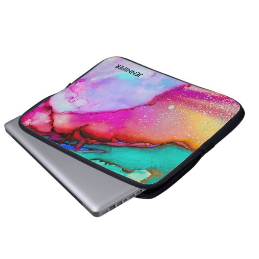 Rosa Lila grüner Marmor Abstrakte Wasserfarbe Laptopschutzhülle (Vorne Knopf)