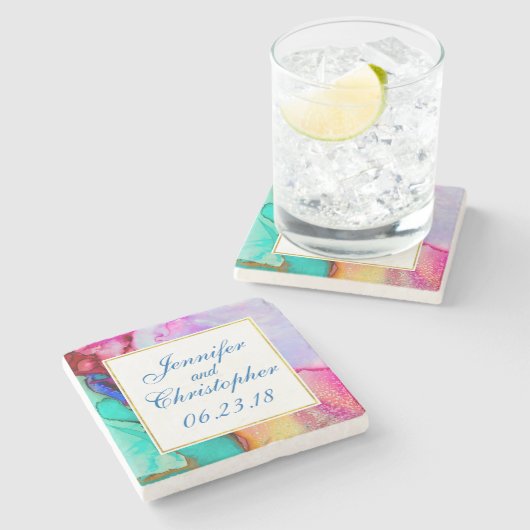 Rosa Lila grüner Marmor Abstrakte Wasserfarbe Steinuntersetzer (Seitenansicht)