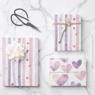 Rosa Lila Herzen Streifen Geburtstag Geschenkpapier Set