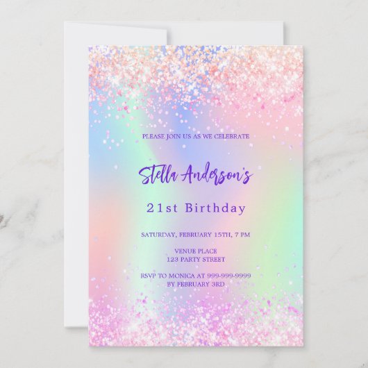 Rosa lila holografischer 21. Geburtstag Einladung (Vorderseite)