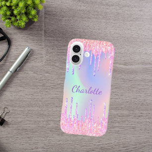 Rosa lila holografischer Glitter-Tropfen Name iPhone 16 Hülle