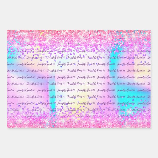 Rosa Lila holografischer Glitzer Sweet 16 Birthday Geschenkpapier Set (Vorderseite)