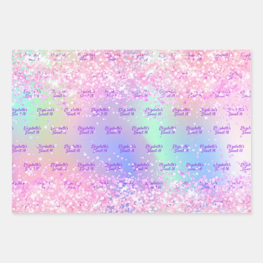 Rosa lila holografischer Name Confetti Sweet 16 Geschenkpapier Set (Vorderseite 2)