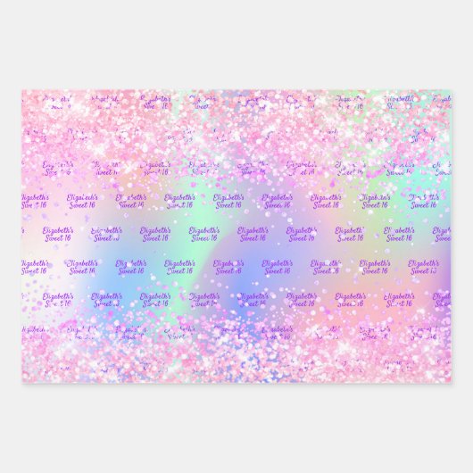 Rosa lila holografischer Name Confetti Sweet 16 Geschenkpapier Set (Vorderseite)