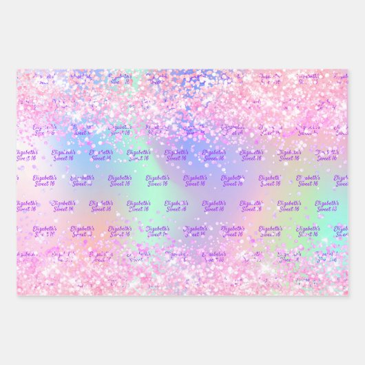 Rosa lila holografischer Name Confetti Sweet 16 Geschenkpapier Set (Vorderseite 3)