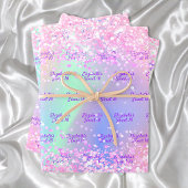 Rosa lila holografischer Name Confetti Sweet 16 Geschenkpapier Set