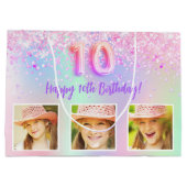 Rosa lila holografisches Foto 10. Geburtstag Große Geschenktüte (Rückseite)