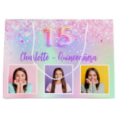 Rosa lila holografisches Foto Quinceanera Große Geschenktüte (Vorderseite)