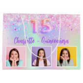 Rosa lila holografisches Foto Quinceanera Große Geschenktüte (Rückseite)