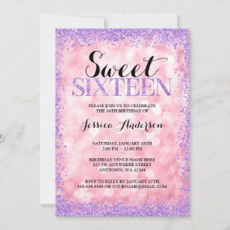 Rosa Lila Imitate Glitzer Lights Sweet 16 Geburtst Einladung