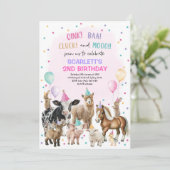 Rosa Lila Landtiere Barnyard Birthday Girl Einladung (Stehend Vorderseite)