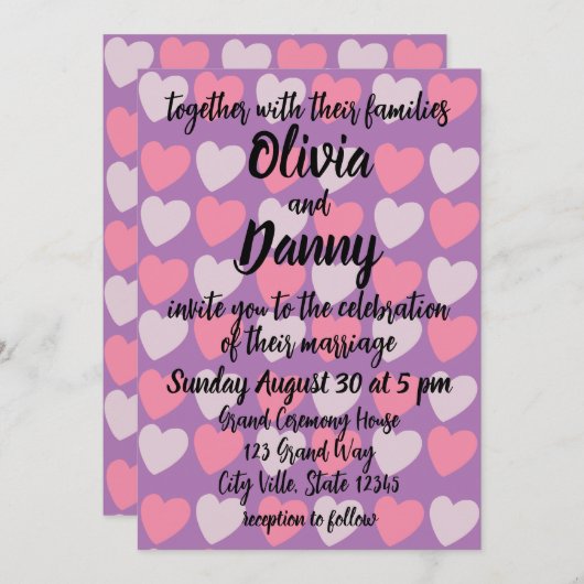 Rosa Lila Liebe Herz Muster Romantische Hochzeit Einladung (Vorne/Hinten)