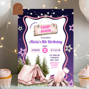 Rosa lila Mädchen Camping Geburtstag  Einladung