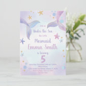 Rosa Lila Meerjungfrau Geburtstagsfeierlichkeiten Einladung (Stehend Vorderseite)