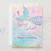 Rosa Lila Meerjungfrau-Schwanz am Geburtstag Einladung (Vorderseite)
