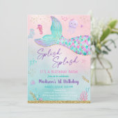 Rosa Lila Meerjungfrau-Schwanz am Geburtstag Einladung (Stehend Vorderseite)
