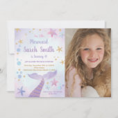 Rosa Lila Meerjungfrau Schwanz Geburtstag mit Foto Einladung (Vorderseite)