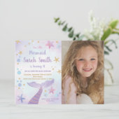 Rosa Lila Meerjungfrau Schwanz Geburtstag mit Foto Einladung (Stehend Vorderseite)