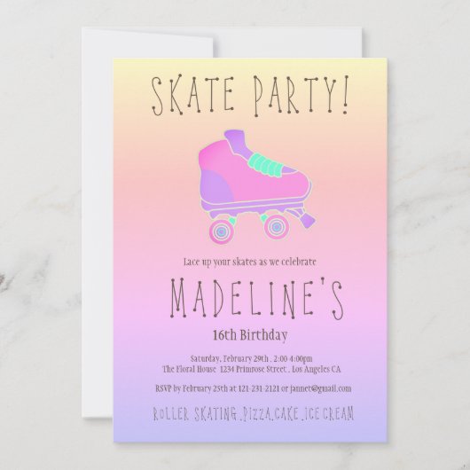Rosa lila ombre elegante Rollen-Skate Bonbon-16 Einladung (Vorderseite)