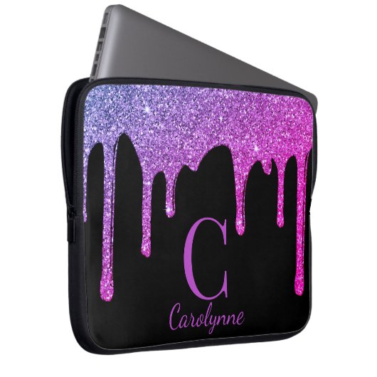 Rosa Lila Ombre Sparkle Glitzer Tropfen Monogram Laptopschutzhülle (Vorne Rechts)