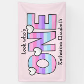 Rosa Lila Ombre Streifen Herzchen ersten Geburtsta Banner (Vertikal)