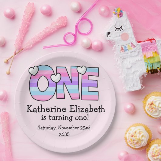 Rosa Lila Ombre Streifen Herzchen ersten Geburtsta Pappteller (Party)