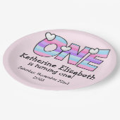 Rosa Lila Ombre Streifen Herzchen ersten Geburtsta Pappteller (Schrägansicht)