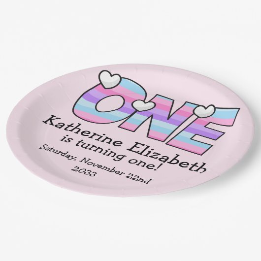 Rosa Lila Ombre Streifen Herzchen ersten Geburtsta Pappteller (Schrägansicht)