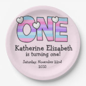Rosa Lila Ombre Streifen Herzchen ersten Geburtsta Pappteller (Vorderseite)