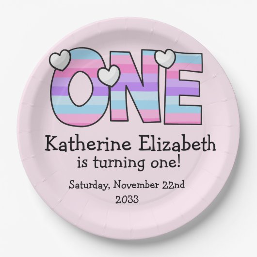Rosa Lila Ombre Streifen Herzchen ersten Geburtsta Pappteller (Vorderseite)