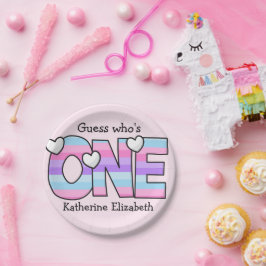 Rosa Lila Ombre Streifen Herzchen ersten Geburtsta Pappteller