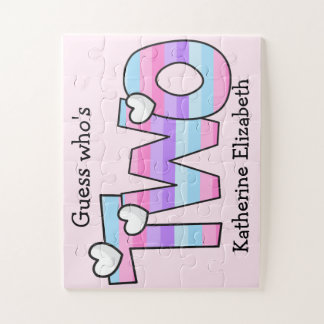 Rosa Lila Ombre Streifen Herzen 2. Geburtstag Puzzle