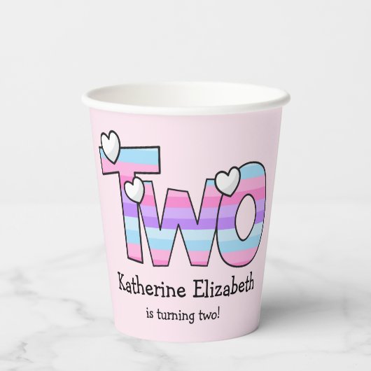 Rosa Lila Ombre Stripes hören am zweiten Geburtsta Pappbecher (Rückseite)