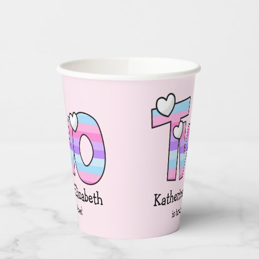 Rosa Lila Ombre Stripes hören am zweiten Geburtsta Pappbecher (Links)