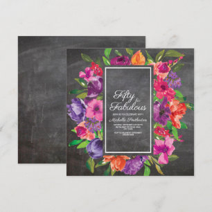 Rosa Lila Orange Blumiges Schiefertafel 50. Geburt Einladung