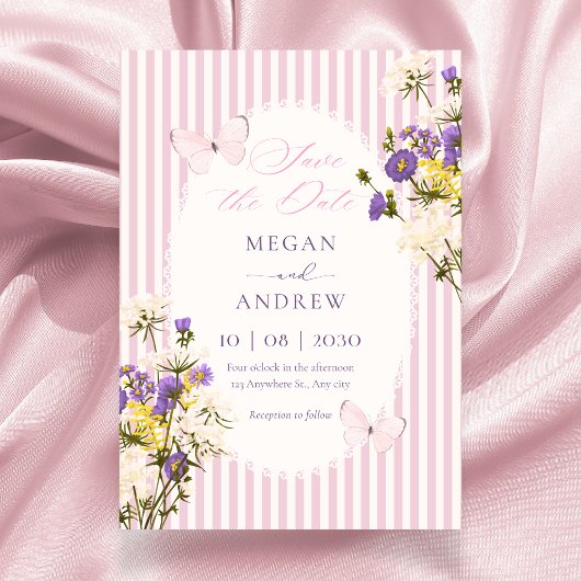 Rosa lila pastellfarbene Blumenehe Save The Date