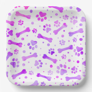 Rosa Lila Paw Prints Birthday Watercolor Square Pappteller