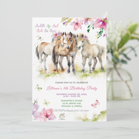 Rosa Lila Pferd Einladung zum Geburtstag (Stehend Vorderseite)
