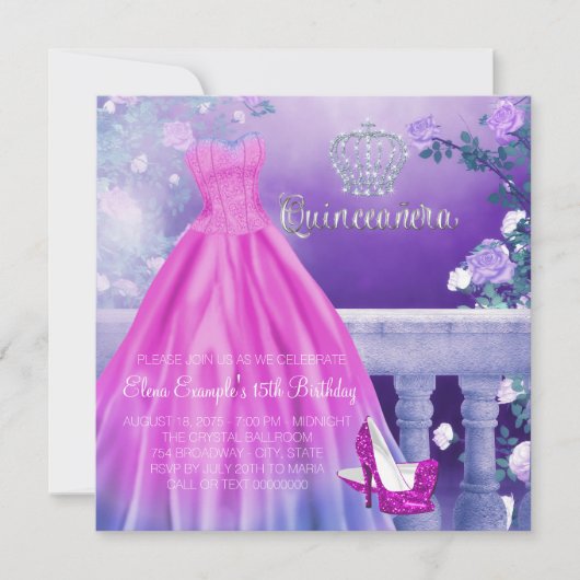 Rosa Lila Prinzessin Quinceanera Einladung (Vorderseite)