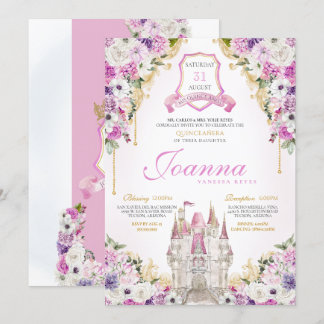 Rosa Lila Prinzessiner Burg Königliche Quinceanera Einladung