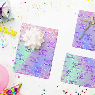 Rosa lila Regenbogen-Glitzer Geschenkpapier Set