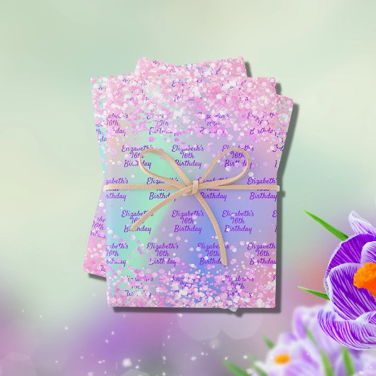 Rosa lila Regenbogen-Glitzer Geschenkpapier Set